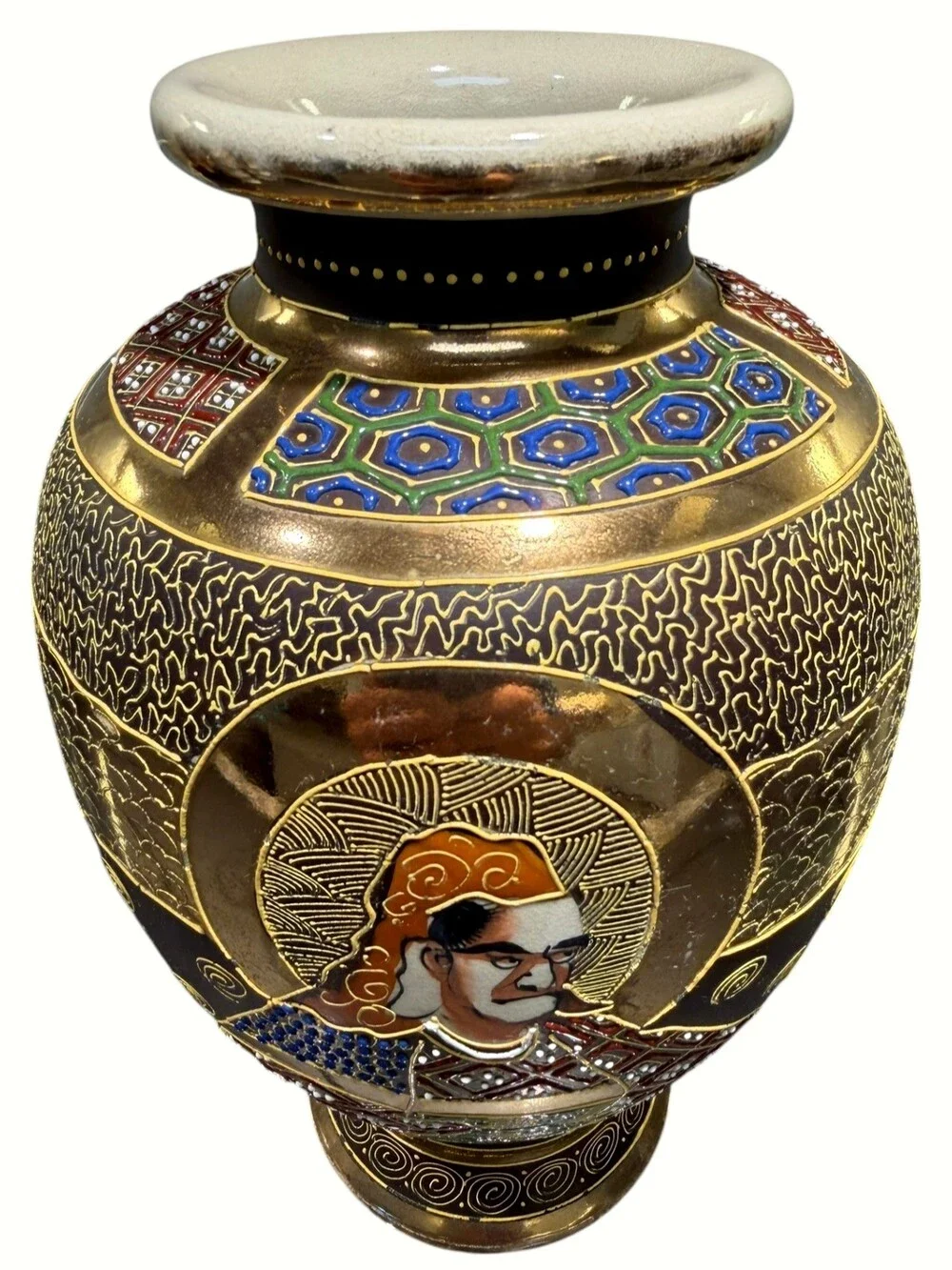 Vintage Japanese Satsuma Moriage Samurai Figural Vase 10